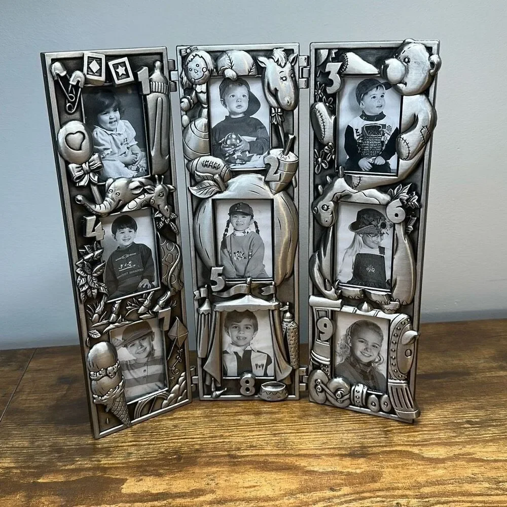 Pewter‎ Photo Frame Tri Fold Multi Photo Collage  Hinged 10.5” First Nine Years
